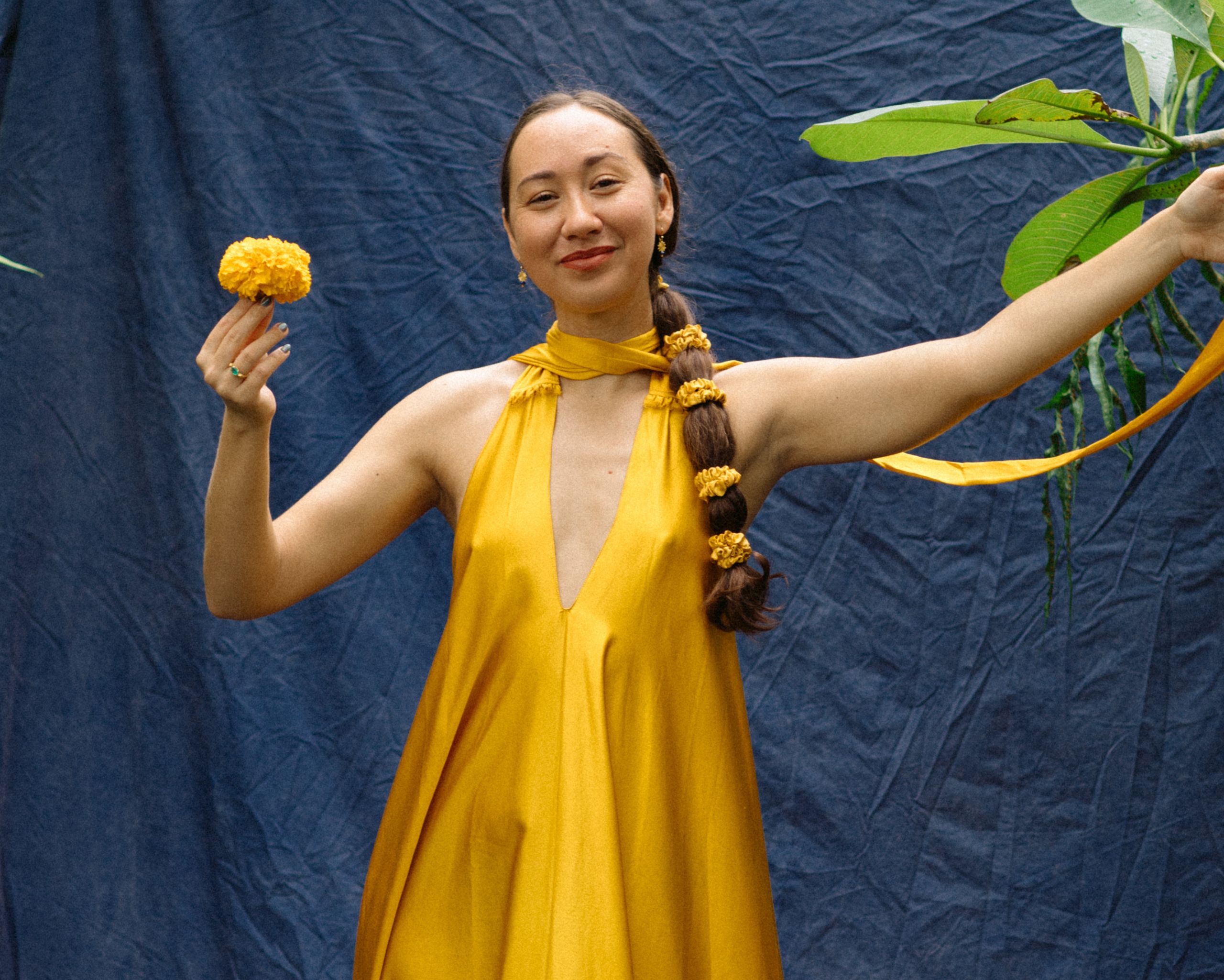 Plant dyed sustainable clothing by RIMMBA Bali using natural dyes like indigo and marigold.